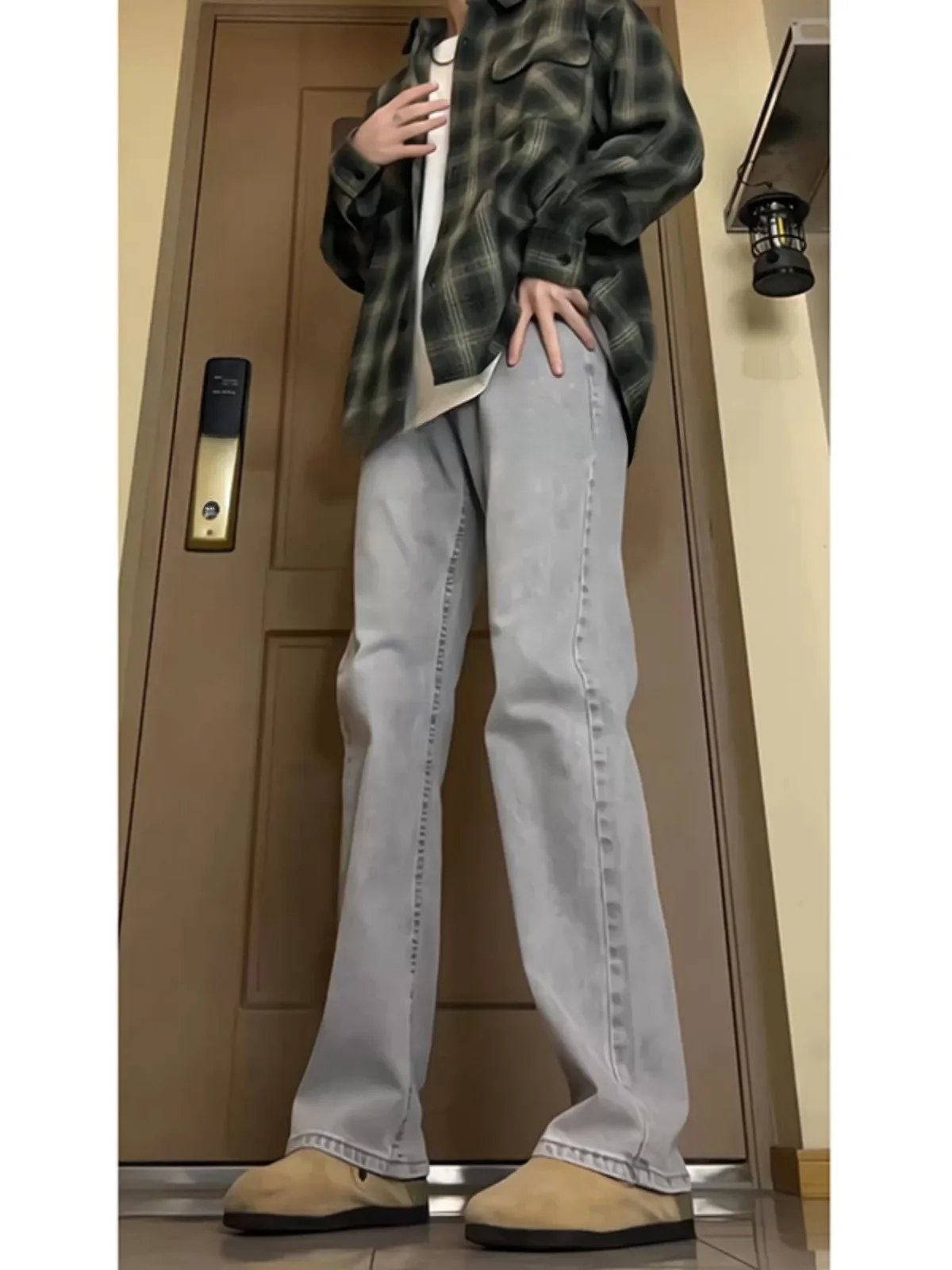 

Slim Fit Men's Denim Jeans High Waist Elastic Knife Straight Leg Casual Trousers ey Waed out Sle Youth Faion