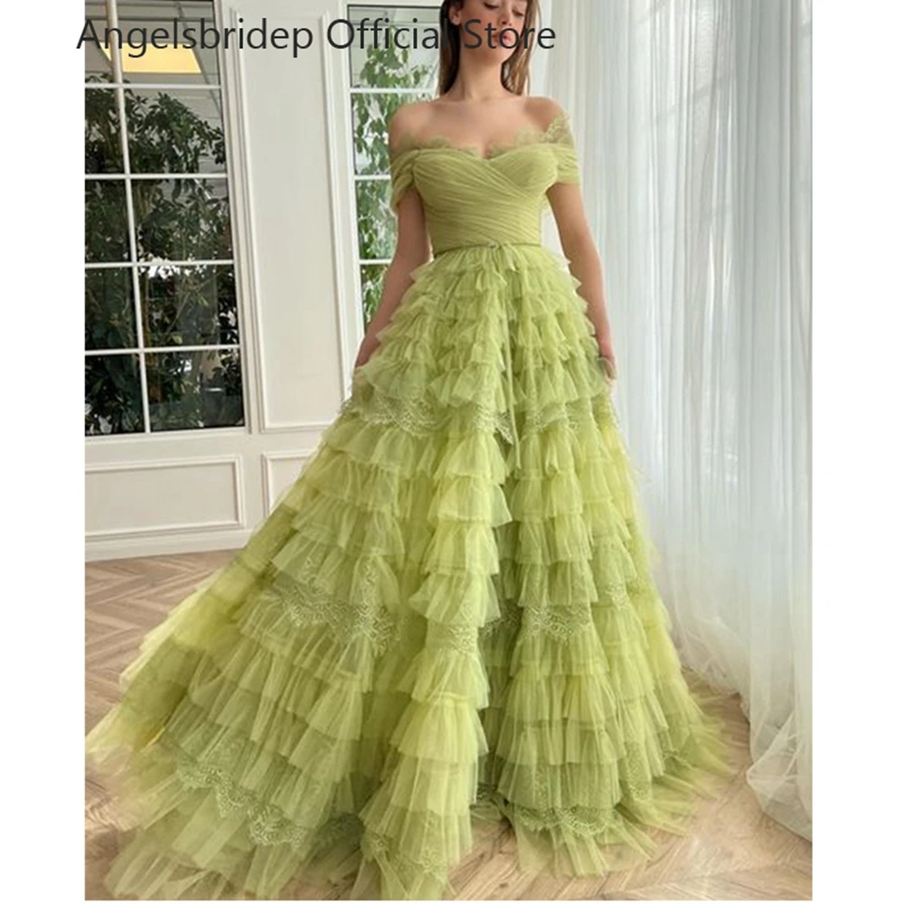 

Angelsbridep A-line Prom Dresses Off The Shoulder Tiered Tulle With Charming Lace Evening Dress Vestido De Noche Party Gowns