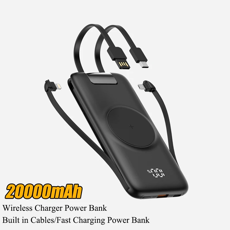 

20000mAh 15W Wireless Charger Powerbank Built in Cables 22.5W PD20W Fast Charging Powerbank For iPhone Xiaomi 9 Huawei Poverbank
