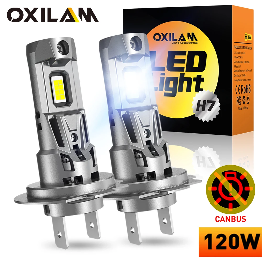 OXILAM-bombilla LED Canbus inalámbrica para faro delantero de coche, Bombilla H7 de 2 piezas, 120W, 22000LM, Plug & Play con ventilador