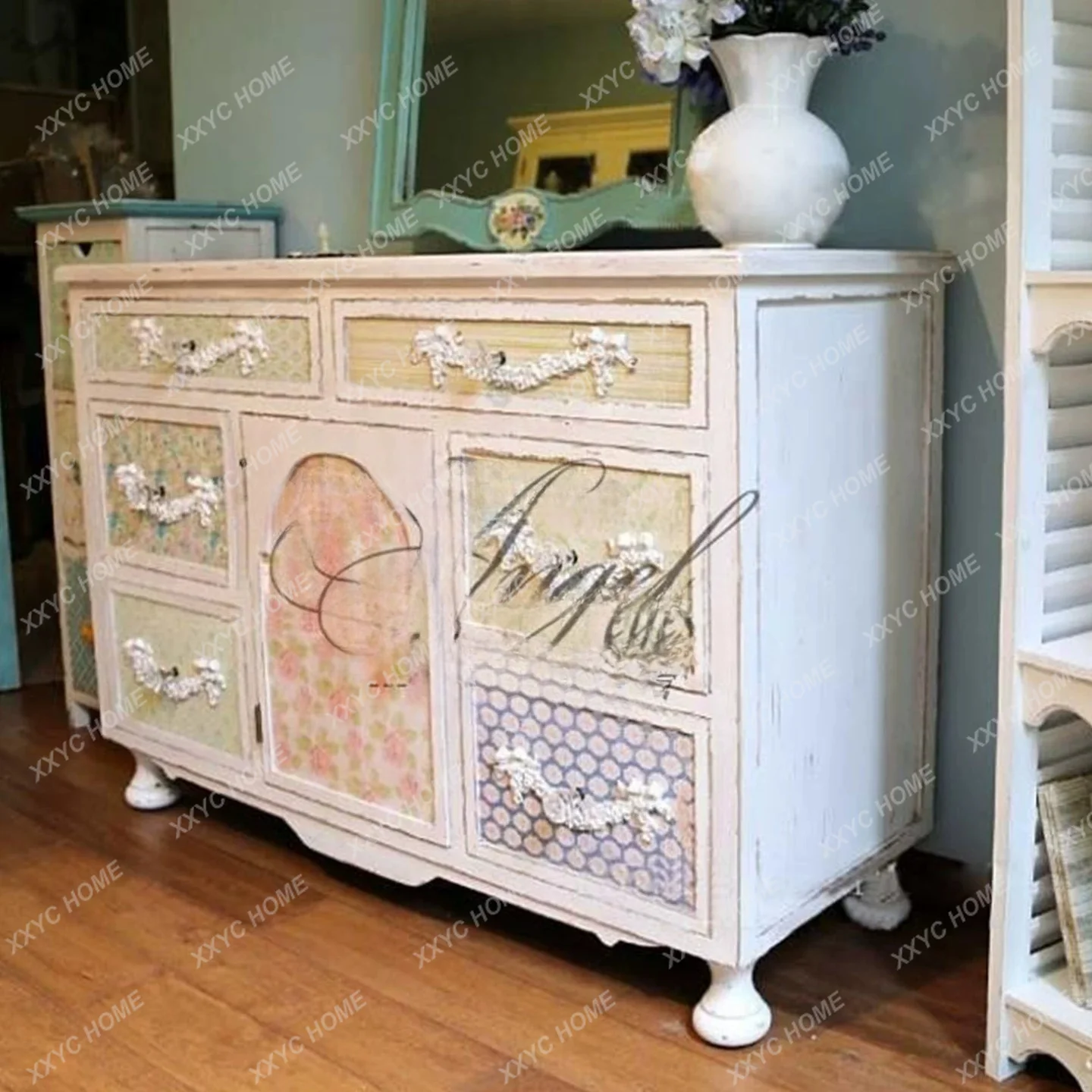 Bucket cabinet Bedroom storage cabinet Solid wood carving flower mix and match multi-element electric painting entrance cabinet
