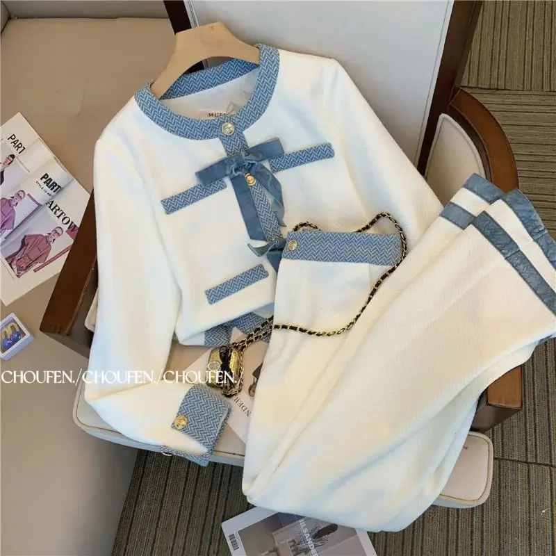 Women Vintage Jacquard Elegant Suit Jacke Coat Top and Pant Two Piece Set Matching Outfit Female Tweed Fragrant White Clothing