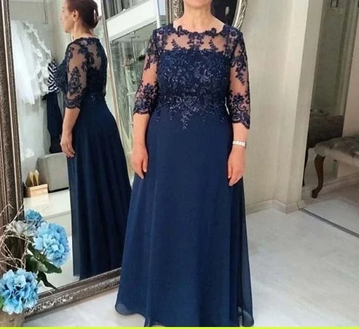 Vestido azul marino a la moda para madre de la novia, vestidos de línea a con mangas 3/4, apliques de gasa con cuentas, vestidos de Madre de novio para bodas