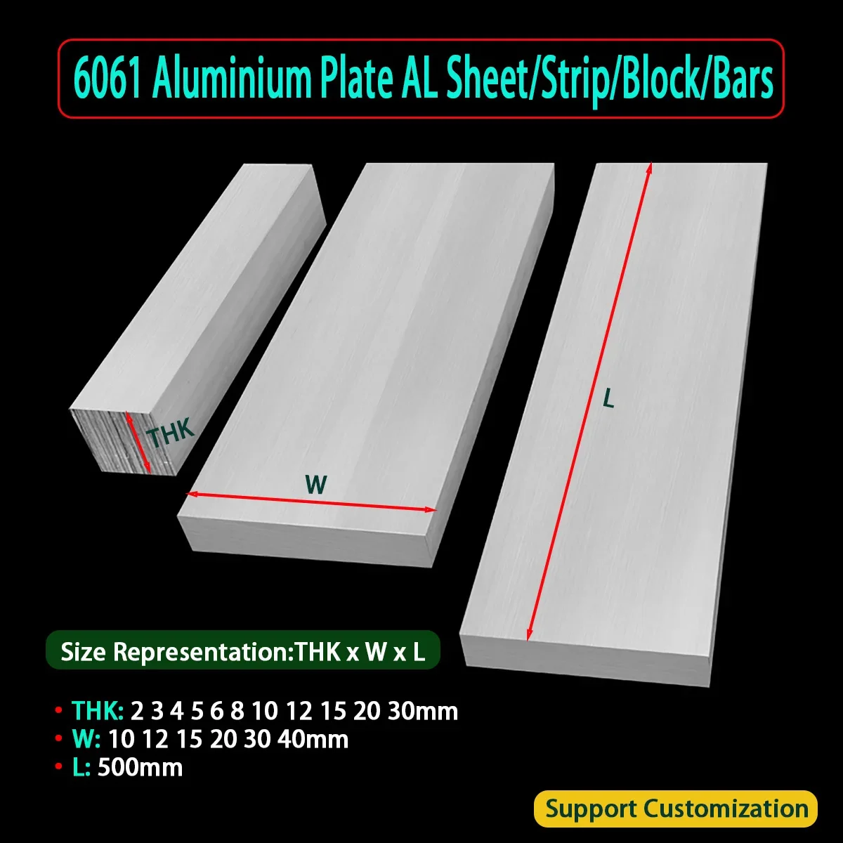 6061 Aluminum Flat Bar/Aluminum Square Bar, Thick 2mm/3mm/4mm/5mm/6mm/8mm/10mm/15mm/20mm/30mm L500mm Width 10 12 15 20 30 40mm