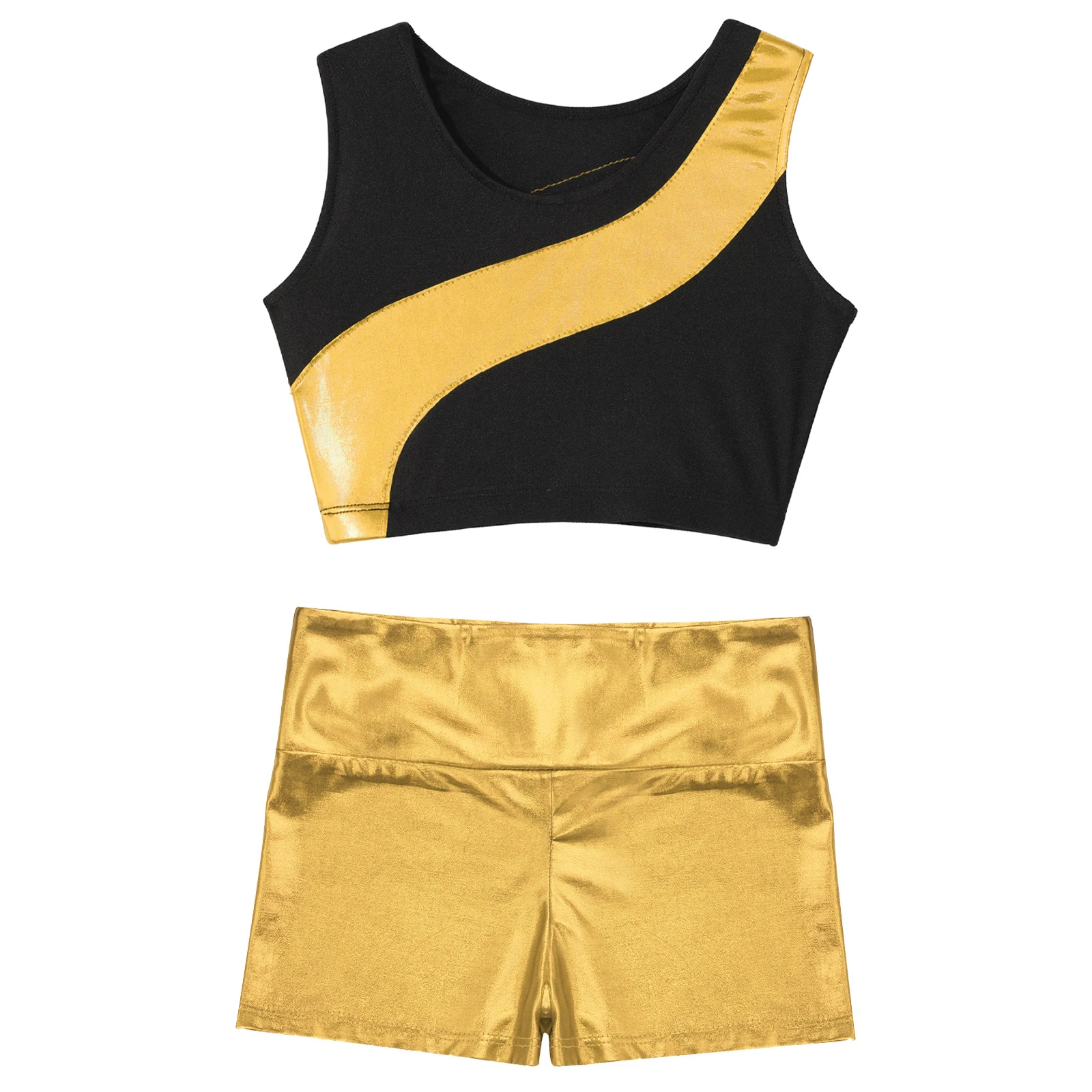 Kids Girls 2Pcs Dance Gymnastic Outfit Sleeveless Shiny Rhinestone Patchwork Metallic Crop Top with High Waist Shorts Sportswear