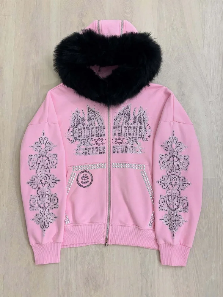 เสื้อฮู้ดซิปอเนกประสงค์ทรงหลวมพร้อมปกผ้าฟลีซ สไตล์อเมริกันเรโทร คาร์ดิแกนลำลอง อุ่นสบาย สตรีทแวร์สำหรับผู้หญิง