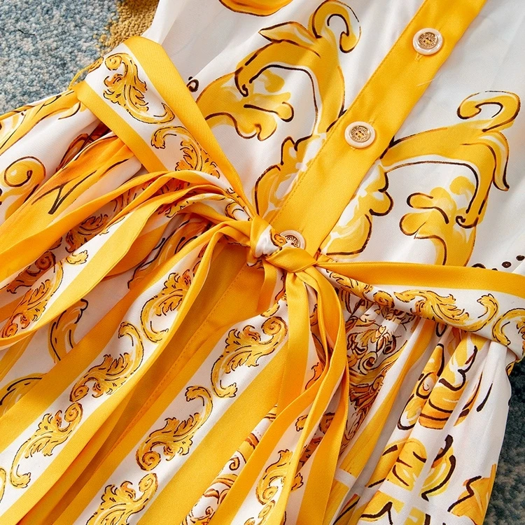 ZJYT Women's Vintage Print Yellow Shirt Dress Single-Breasted Lapel Collar Lace-Up Casual Midi Summer Holiday Dress Runway 2025