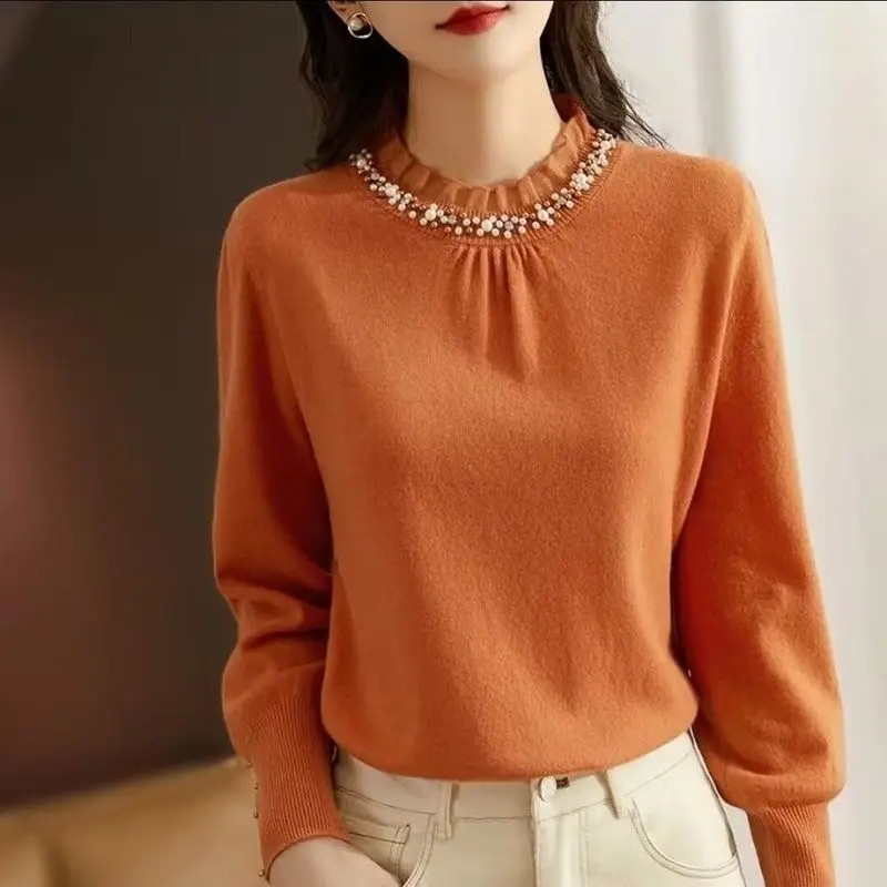 Women Clothing Korean Fashion Ruffle Beaded Elegant Basic Knitwears Autumn Winter Solid Long Sleeve Loose Pullover Tops Jumpers