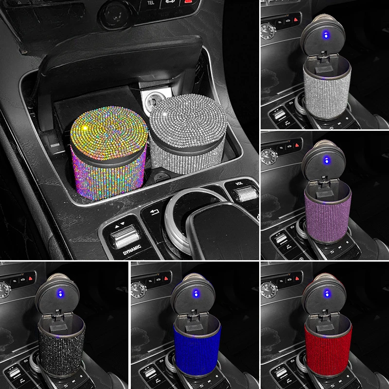 Diamond Car Use Ashtray,Inlaid Car Interior Ashtray with Cover and Multifunctional Binding, Car Interior with Cover LED Lights