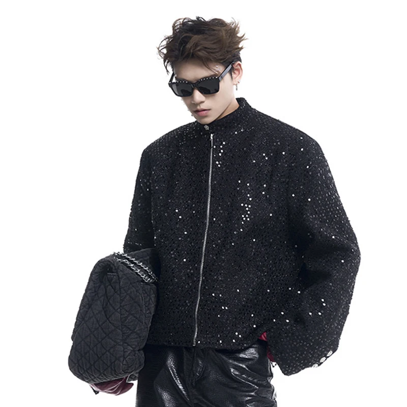 FEWQ Winter Sequin Decoration Men\'s Jacket Loose Fashionable Long Sleeve Zipper Design Male Top 2024 New Fashion Tide 24E2408