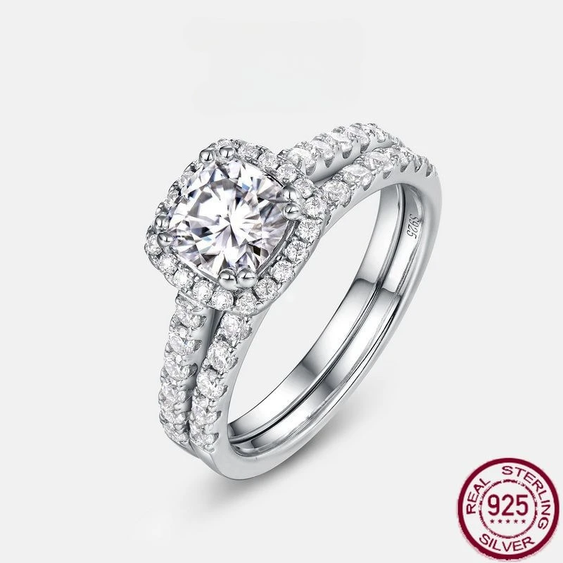 

New S925 pure silver moissanite ring luxury group set ring elegant and charming European and American style wedding jewelry