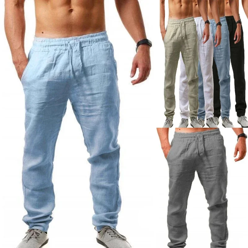 

2023 new Men's Cotton Linen Pants Male Autumn New Breathable Solid Color Linen Trousers Fitness Streetwear S-3XL