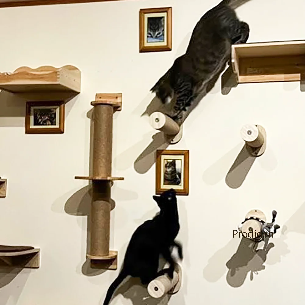 Wall Mounted Cat Climbing Shelves Cat Hammock with Ladder and Scratching Post Wooden Platform Pet Furniture for Kitten Playing