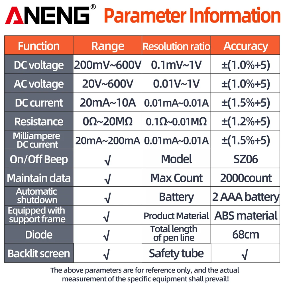 ANENG SZ06 Digital Multimeter AC/DC Voltage Auto Tester Current Ammeter Smart Multimetro Data Hold  Diode Voltmeter Ohm Tools