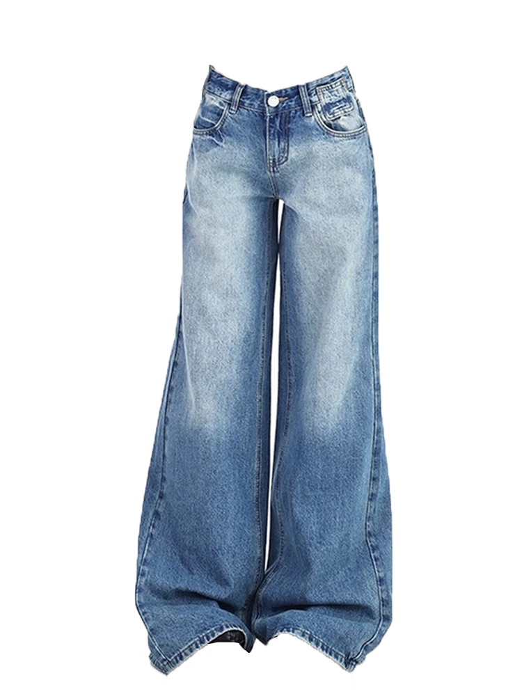 Summer Solid Color Chicly Full Length Loose Straight Women Jeans American Vintage Low Waist Fashion Washed Female Wide Leg Pants