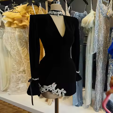 Black Velvet Evening Dress Rhinestones Short Cocktail Dress Women'S V-Neck Long-Sleeve Party Dress Winter Mini Dress Customized