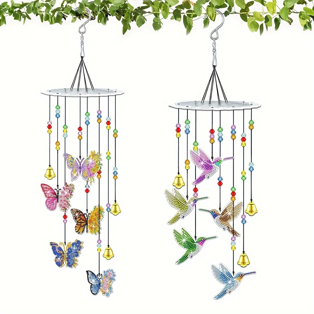 2-Pack Butterfly Hummingbird Shape Diamond Art Painting Wind Chimes