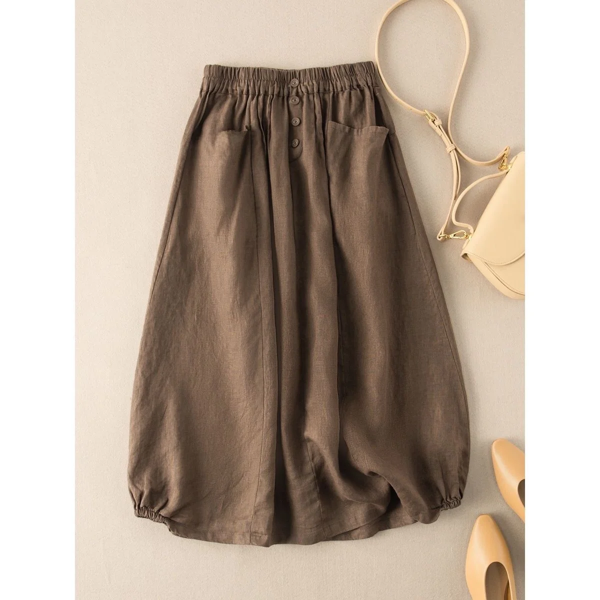 

Women's Casual Cotton Lin Skirt A-Line Midi Skirt Versatile Leisure Sle mid Waist ket Design Pure Color Summer 2024