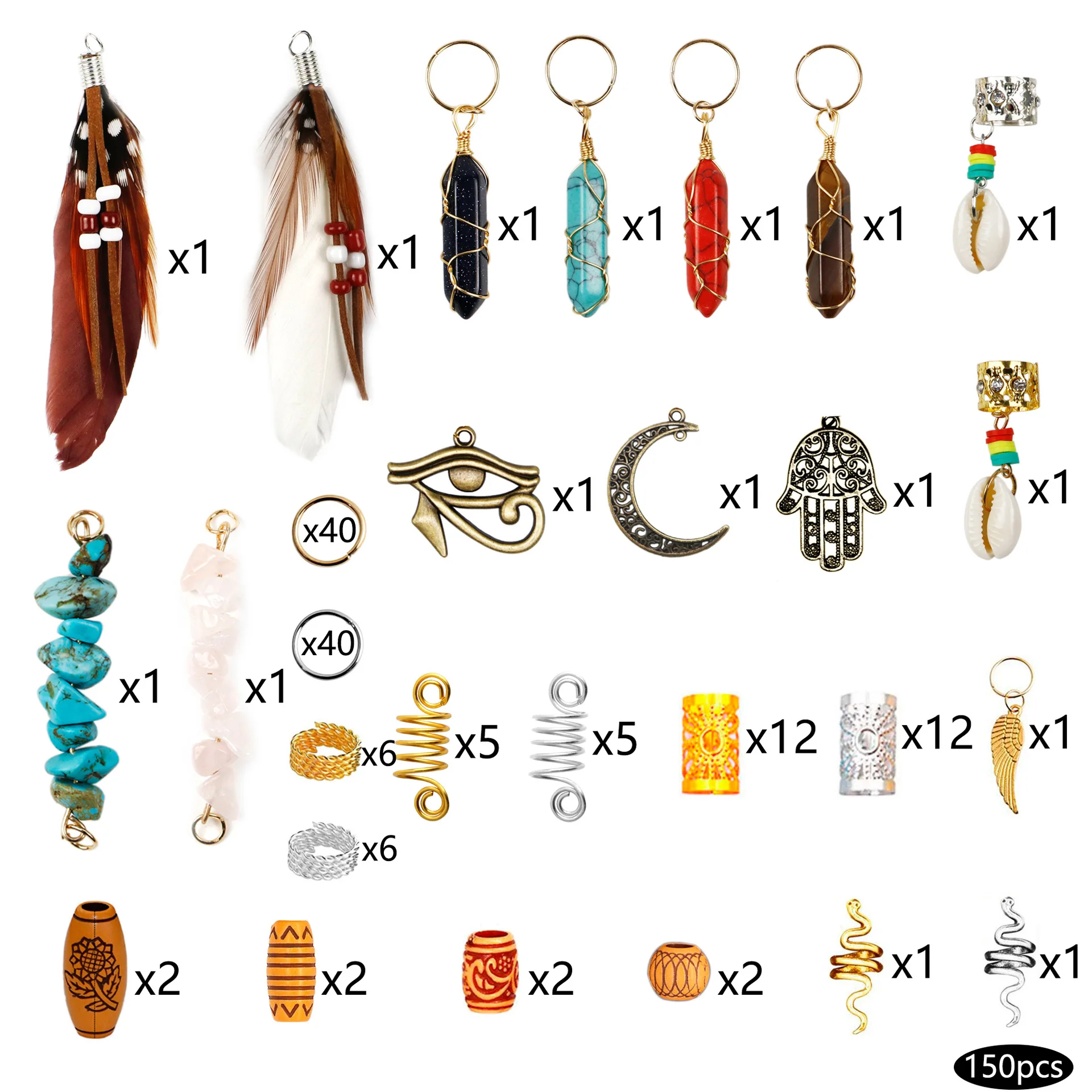 150 unids/caja mezcla de grava de cristal Natural, anillo de resorte, pinzas de cuentas de rastas trenzadas para el cabello, accesorios para la