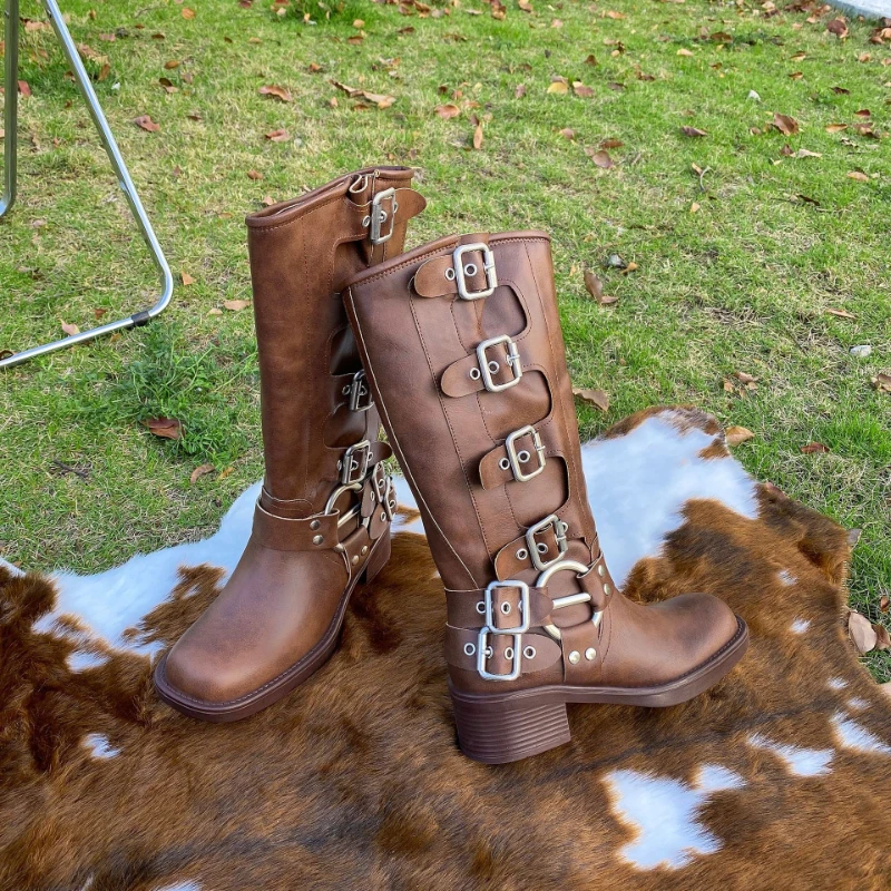 

Women's Western Cowboy Boots Retro Style thick Sole High-top Boots with Buckle Fashion Chunky Heel Above-the-knee Boots