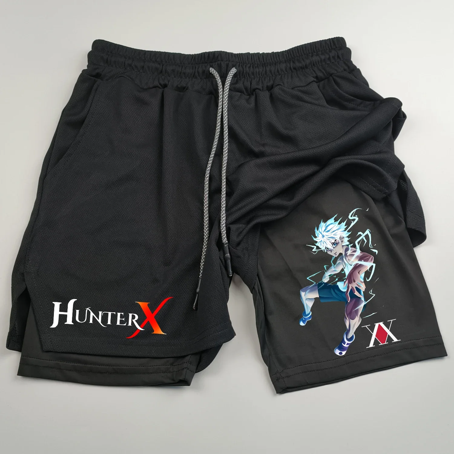 Męskie spodenki sportowe Anime Hunter X Hunter 2 w 1 Dwuwarstwowe spodenki Szybkoschnące Oddychające spodenki do biegania Fitness