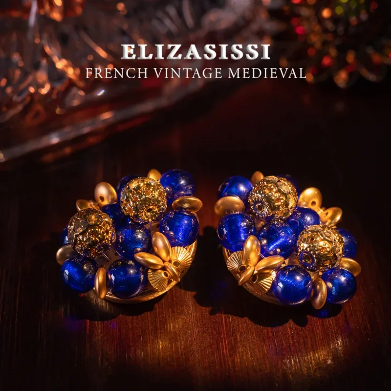 New and medieval pure handmade glazed woven flower ball ancient method old glazed retro earrings, stud earrings temperament