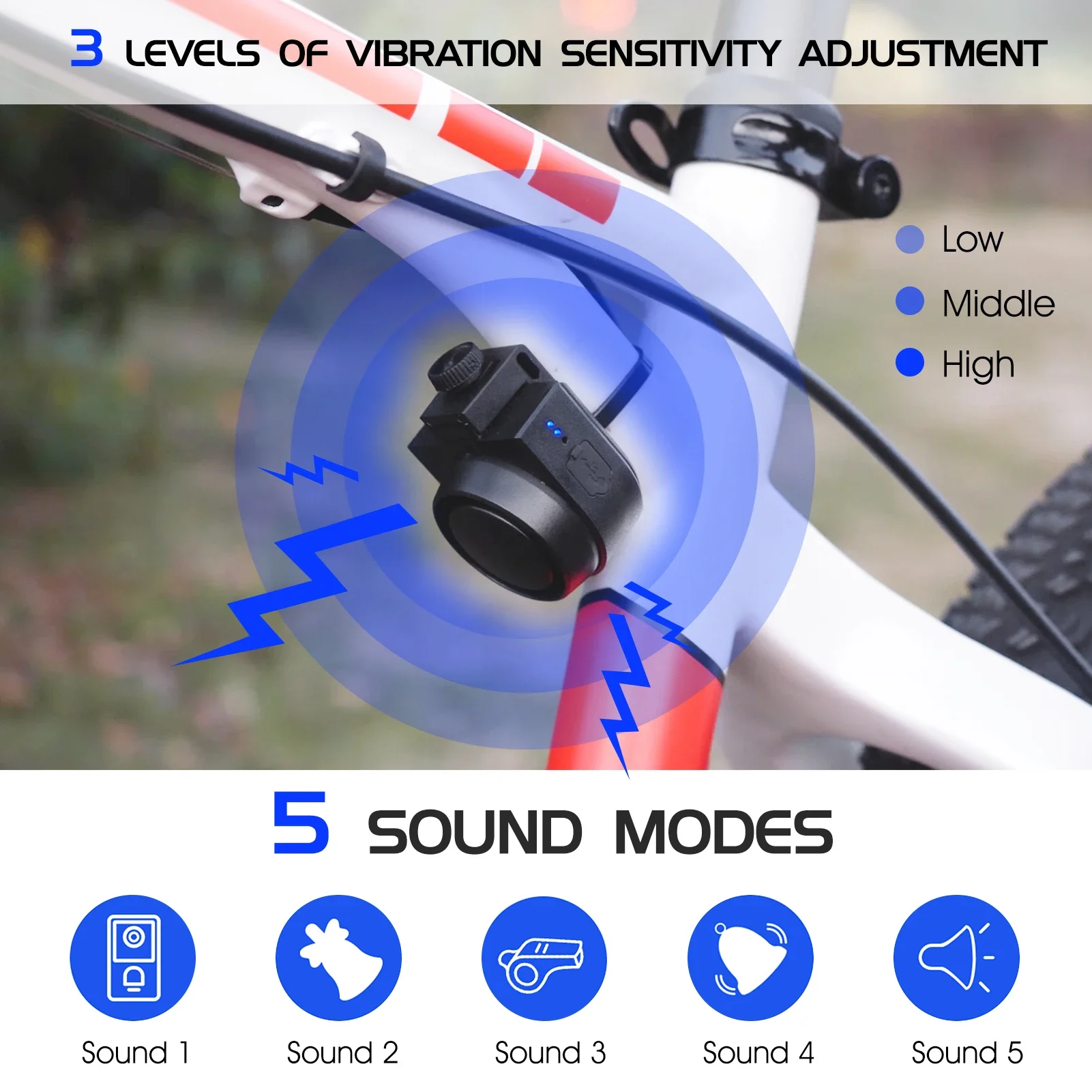Wireless Bike Horn 115dB Loud Bicycle Anti-theft Horn IPX5 Bicycle Alarm Bell 5 Sound Modes 3 Vibration Sensitivity Adjustment
