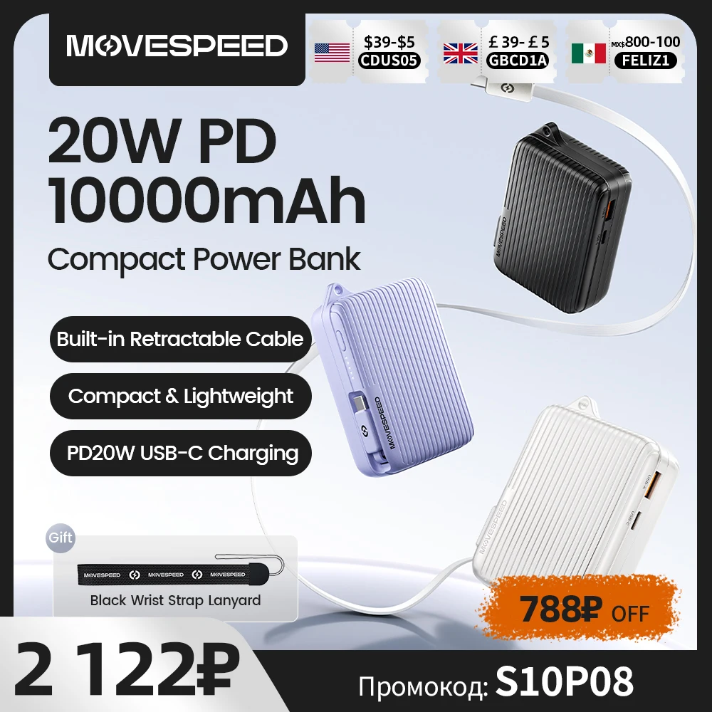 

MOVESPEED P09 Mini Power Bank 10000mAh 22.5W Fast Charge Built-in Type C Cable Portable Battery for iPhone 16 15 iPad Galaxy S24