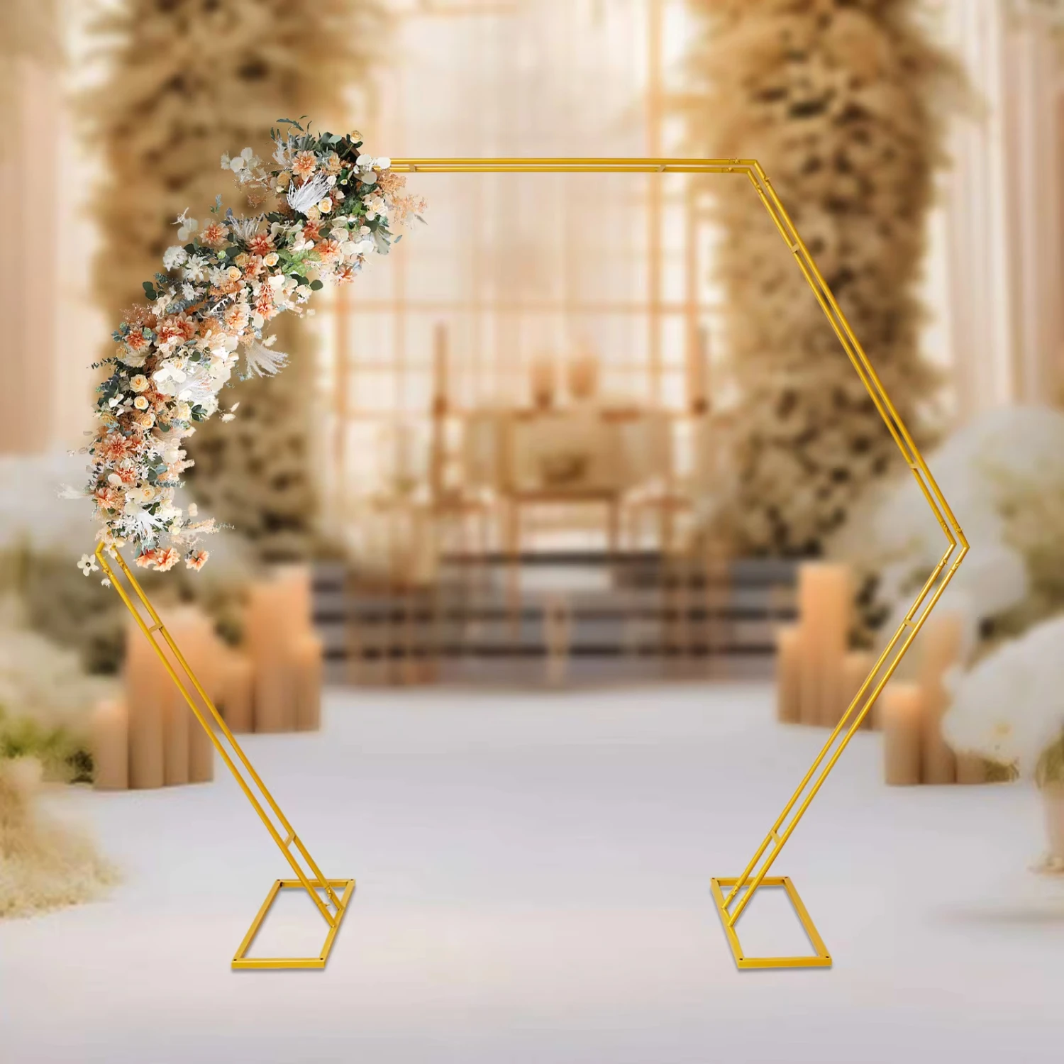 

88.6inch Metal Wedding Arch Hexagonal Double Tube Wedding Bracket Flower Ring Arch Stand Ceremony Wedding Birthday Party