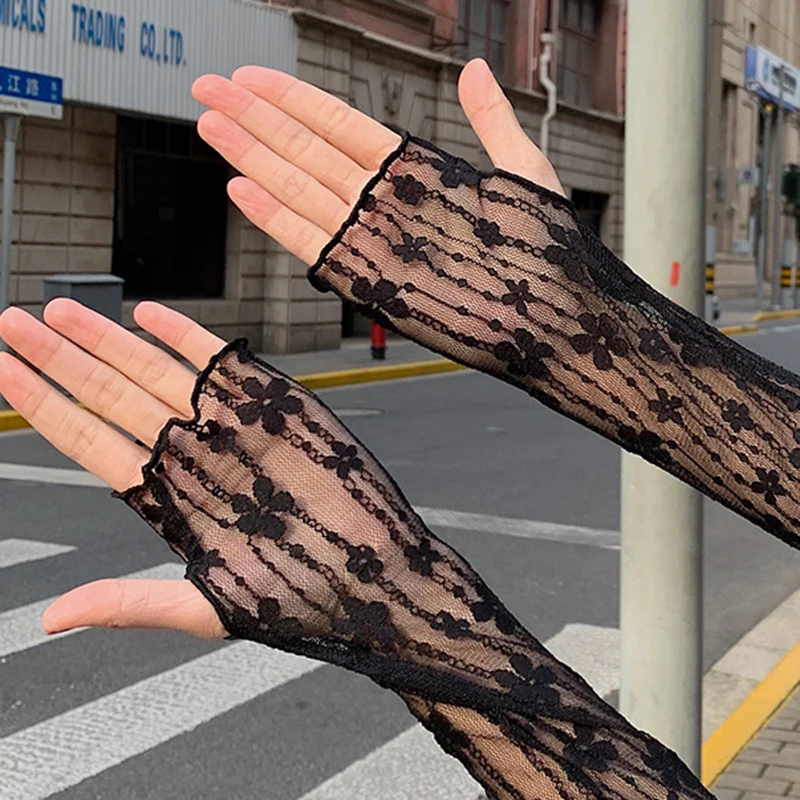 Gants longs en dentelle évidée pour femmes, gants sans doigts, manches de protection solaire, maille, dentelle, main fine, gants de cyclisme, gants de gymnastique, mode