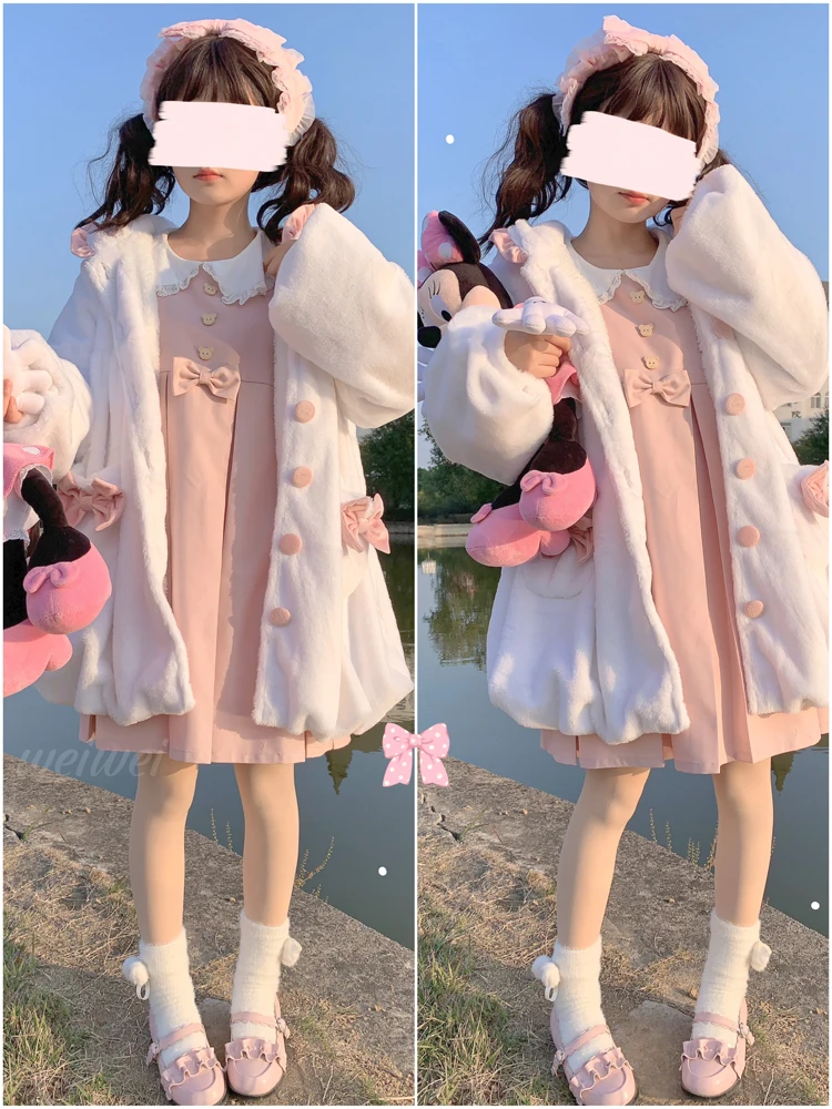 Japanese Soft Girl Sweet And Cute Plush Thick Hooded Rabbit Ear Fur Coat Flower Bud Swing Skirt Female Autumn Winter Kawaii