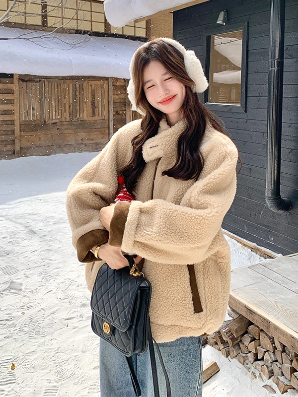 

Женская утепленная куртка из овечьей шерсти, двусторонняя, повседневная, свободного кроя, с длинными рукавами, на молнии, цветная