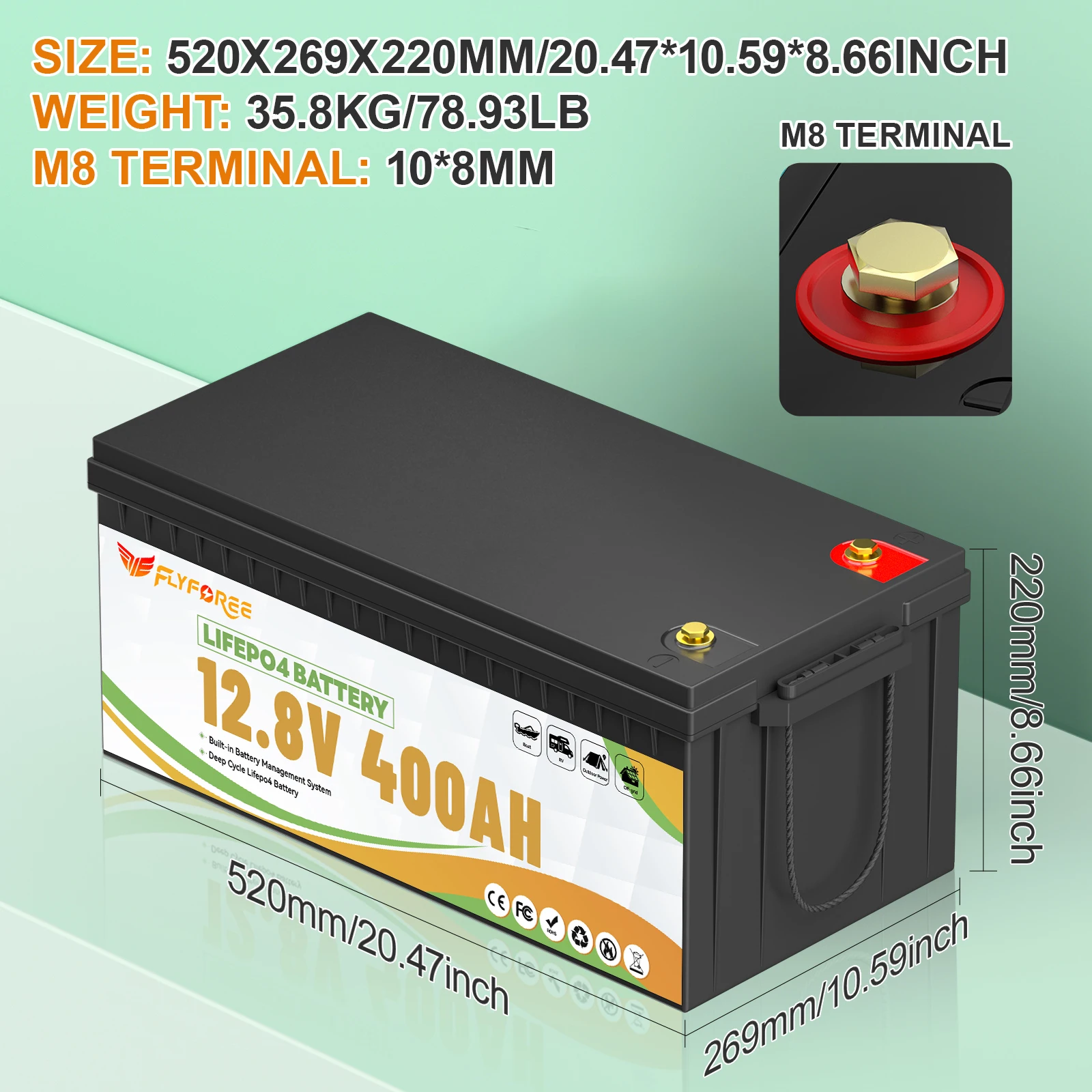 FLLYROWER 12V 400Ah LiFePO4 Lithium-Batteriepack mit BMS 200A für Heimenergiespeicher, Wohnmobil, Offroad, Outdoor, Trolling-Motor – Detail 5