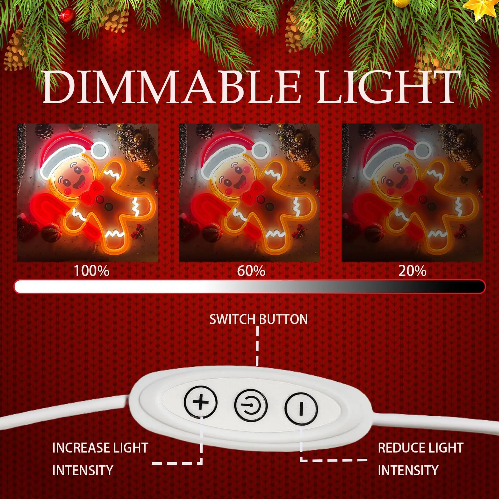 Gingerbread Candy Cane LED Neon Sign for Wall Decor UV Printed Design USB Dimmable for Holiday Party Kids Room Window Gift