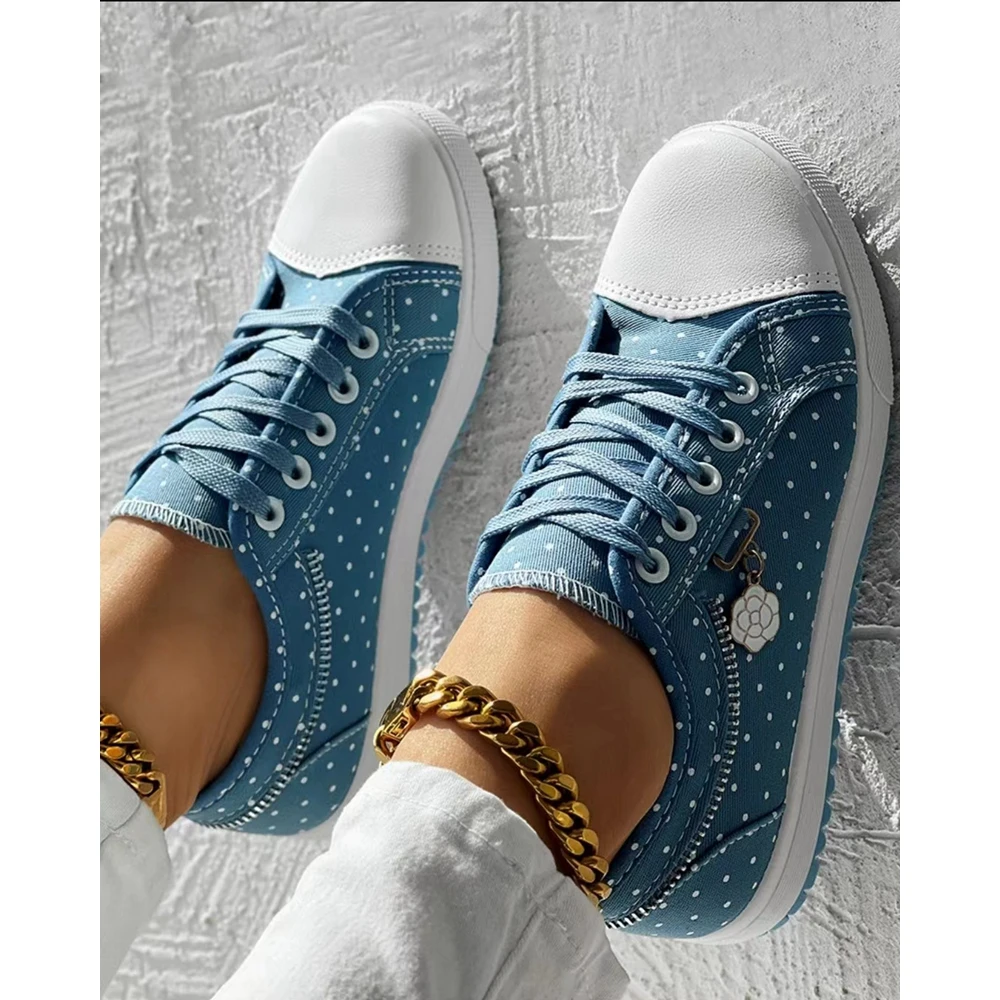Women Polka Dot Print Round Toe Canvas Sneakers Autumn Woman Casual Daily Zipper Design Lace-up Flats Shoes Korean Style Spring