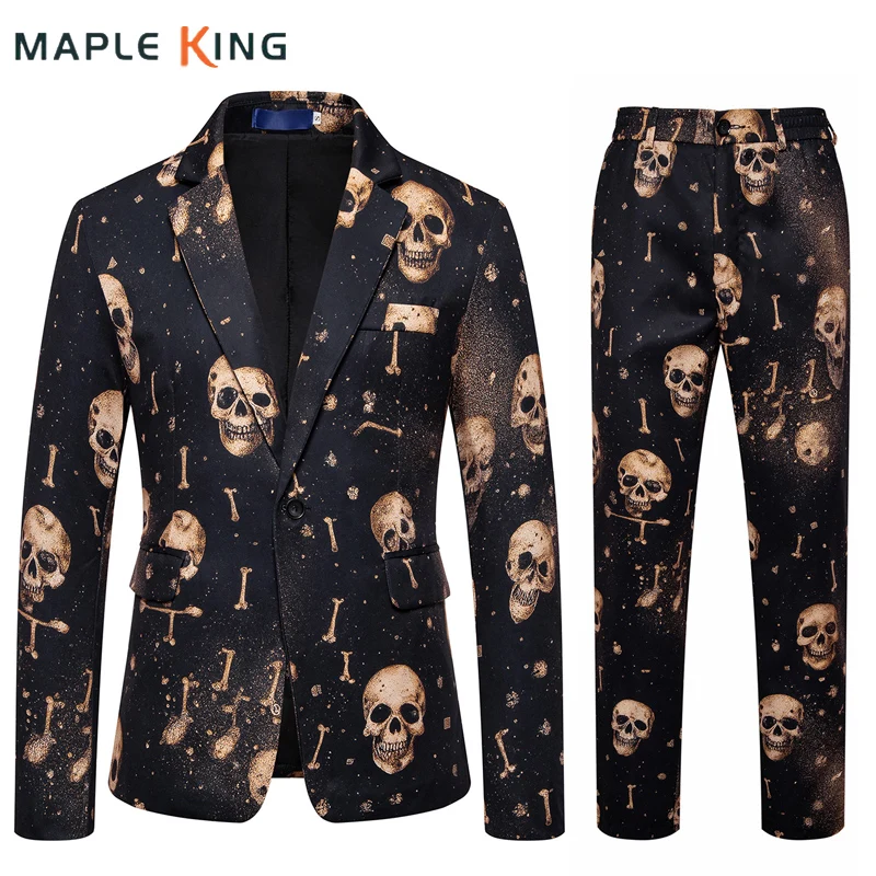 

Мужской костюм с принтом черепа, комплекты брюк Trajes De Hombre Modernos, костюмы на Хэллоуин, роскошный дизайнерский пиджак для ночного клуба, брюки