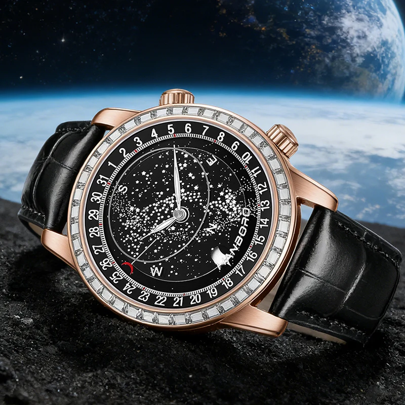 HANBORO Men Automatic Watch 43MM Mechanical Wristwatch Luminous Micro Rotor Hangzhou 5100 Starry Sky Second Dial, Moon Display