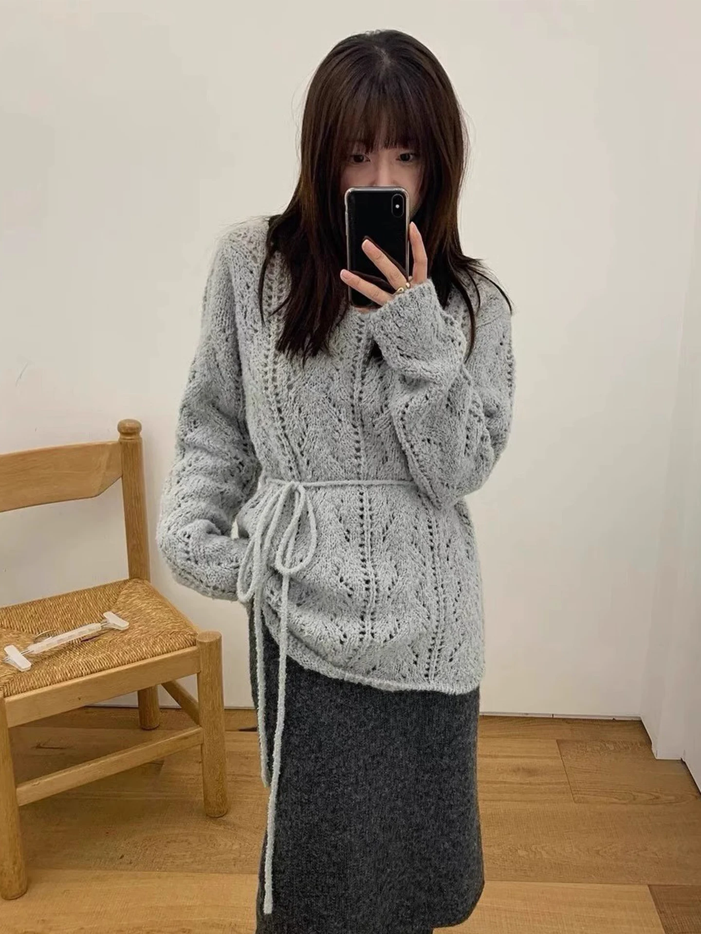 Liangliang Lazy Style Hollow out Belted Mid-Length Sweater Women's Loose Knitted Top for Autumn Winter Small Size Friendly