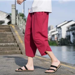 2024 Summer Harem Casual Pants Men Wide Leg Cotton Linen Calf Length Baggy Pants Fashion Men's Clothing