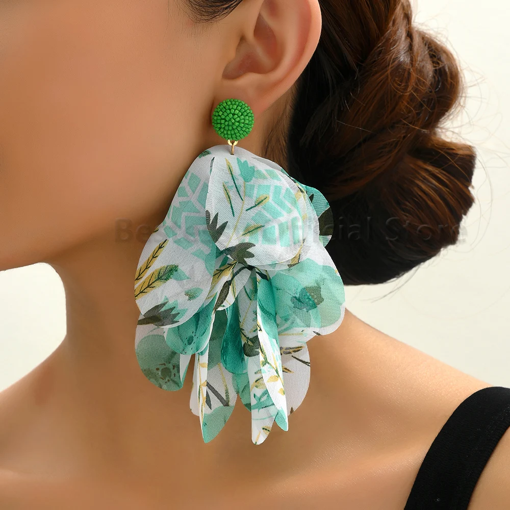 Boho Handmade Bead Green Print Big Petals Drop Earrings For Women Trend Luxury 2025 Summer Party Wedding Elegant Jewelry Pendant