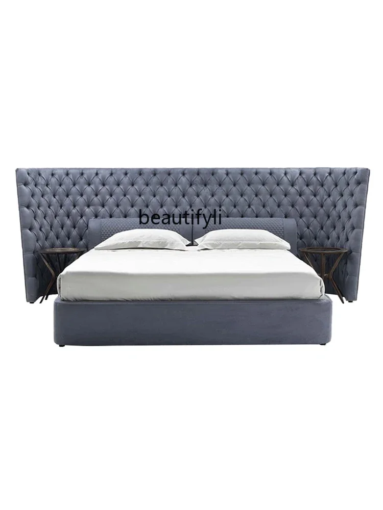 

Modern Light Luxury Simple Retro Style Bed Furniture Bedroom Genuine Leather Soft Cushion Solid Wood Double Bed Furniture