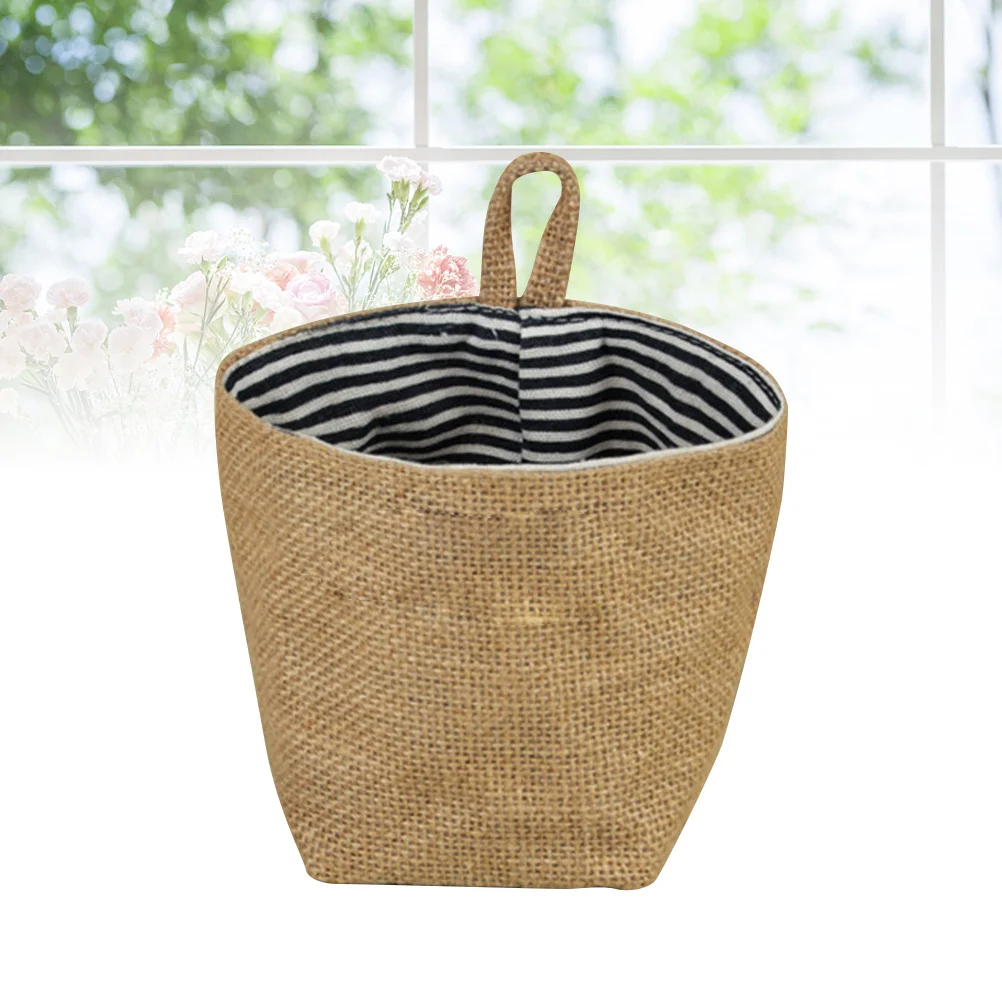 

Hanging Storage Basket Small Striped Jute Hanging Bag Natural Fabric Flower Pot - Wall Mount Sundry Organizer For Home