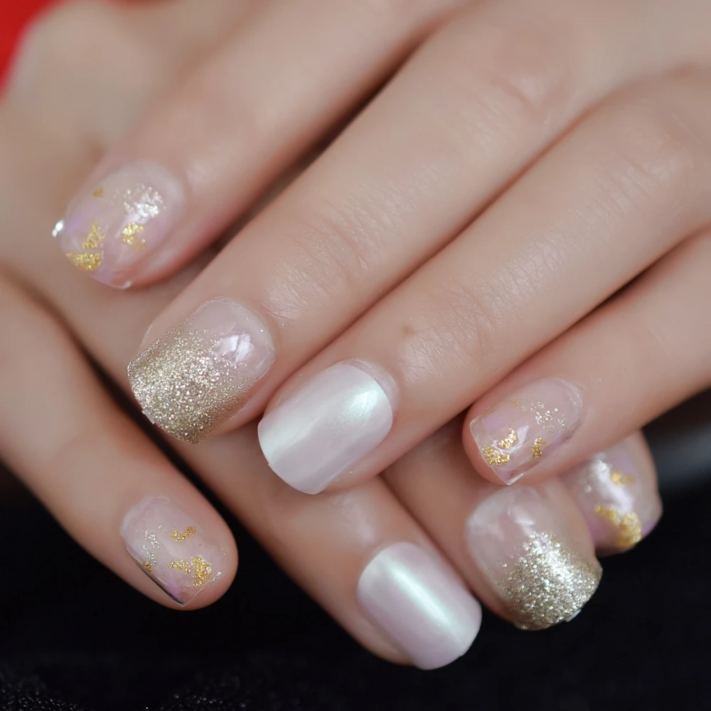 Shiny Platinum Gold Color Clear French False Nails Pearl White Artificial Fake Nails Full Cover Press on Short Nails Tips