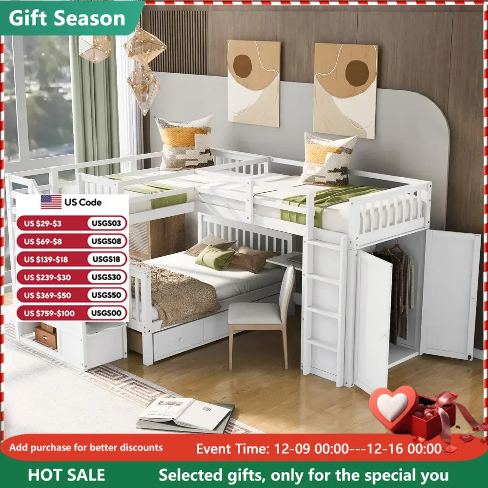 

L-Shaped Triple Bunk Bed with Desk & Stairs, Twin & Twin Over Full Bunk Bed for 3, Storage Drawers and Wardrobe Included