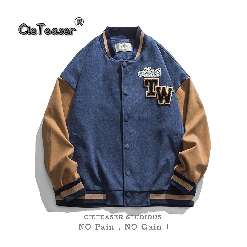 

Cieeaser American fashion brand letter embroidery color blocking baseball collar jacket Japanese retro college BF jacket 2022