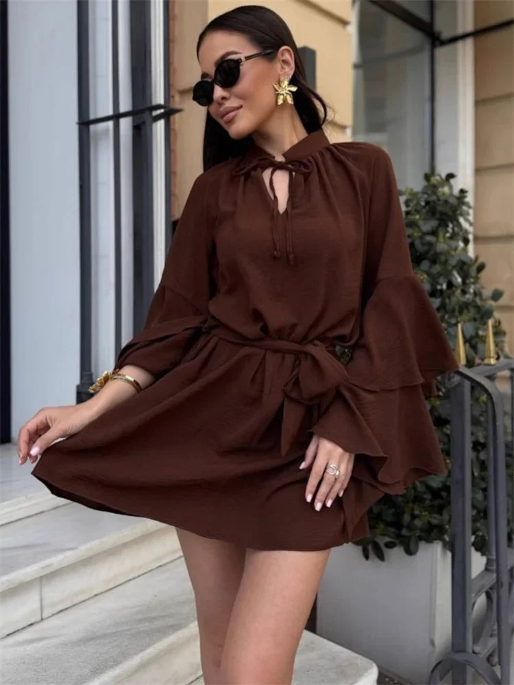 

2025 New Autumn V-Neck Ruffled Mini Dress Female Lace-Up Loose Patchwork Commute Casual Bodycon Dress Women's Solid Dress