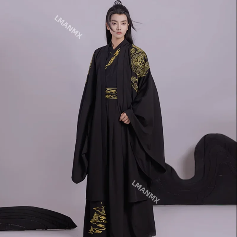 Hanfu Men Chinese Traditional Cosplay Costume Ancient Hanfu Sets Male Halloween Cos Costume Hanfu Black 3pcs Sets Plus Size 2XL