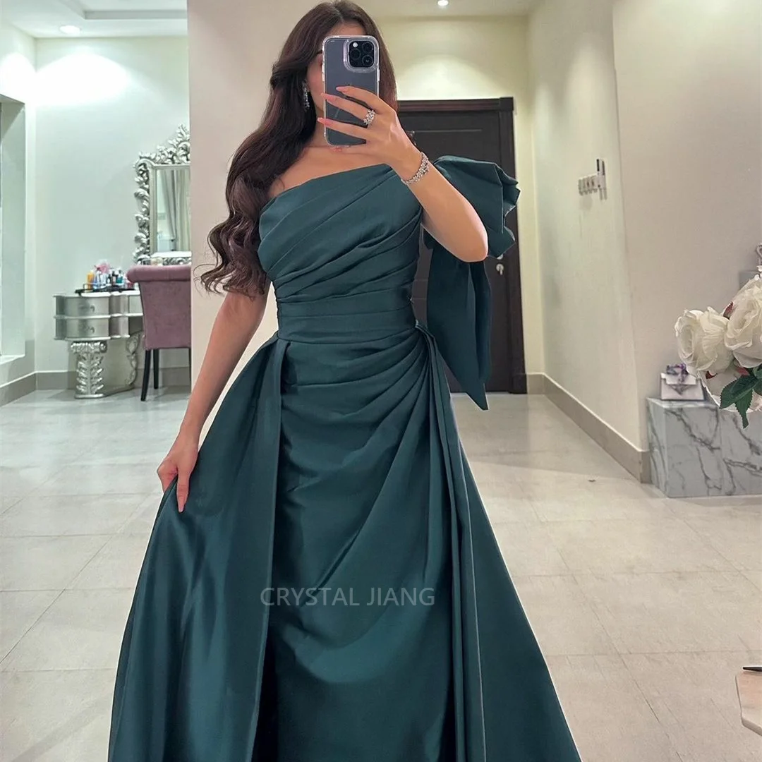 Long Satin Green One Shoulder Evening Dresses  فساتين السهرة Sheath Pleated Floor Length Prom Dress Robe de soirée for Women