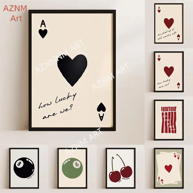 Boho Minimalist Art Illustrations Playing Card Posters Side Eye Sun Heart Canvas Painting Print Wall Art Picture for Home Decor