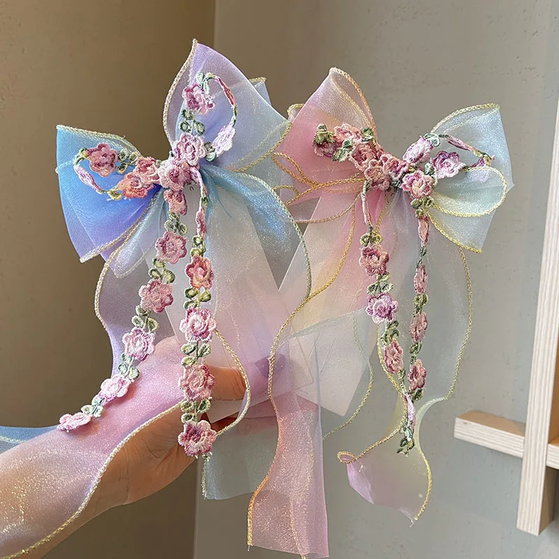 

Rainbow Hair Bows Gradient Color Princess Embroidery Hair Clips Standing Bowknot Hairpin Kids Barrette Korean Hair Accessories